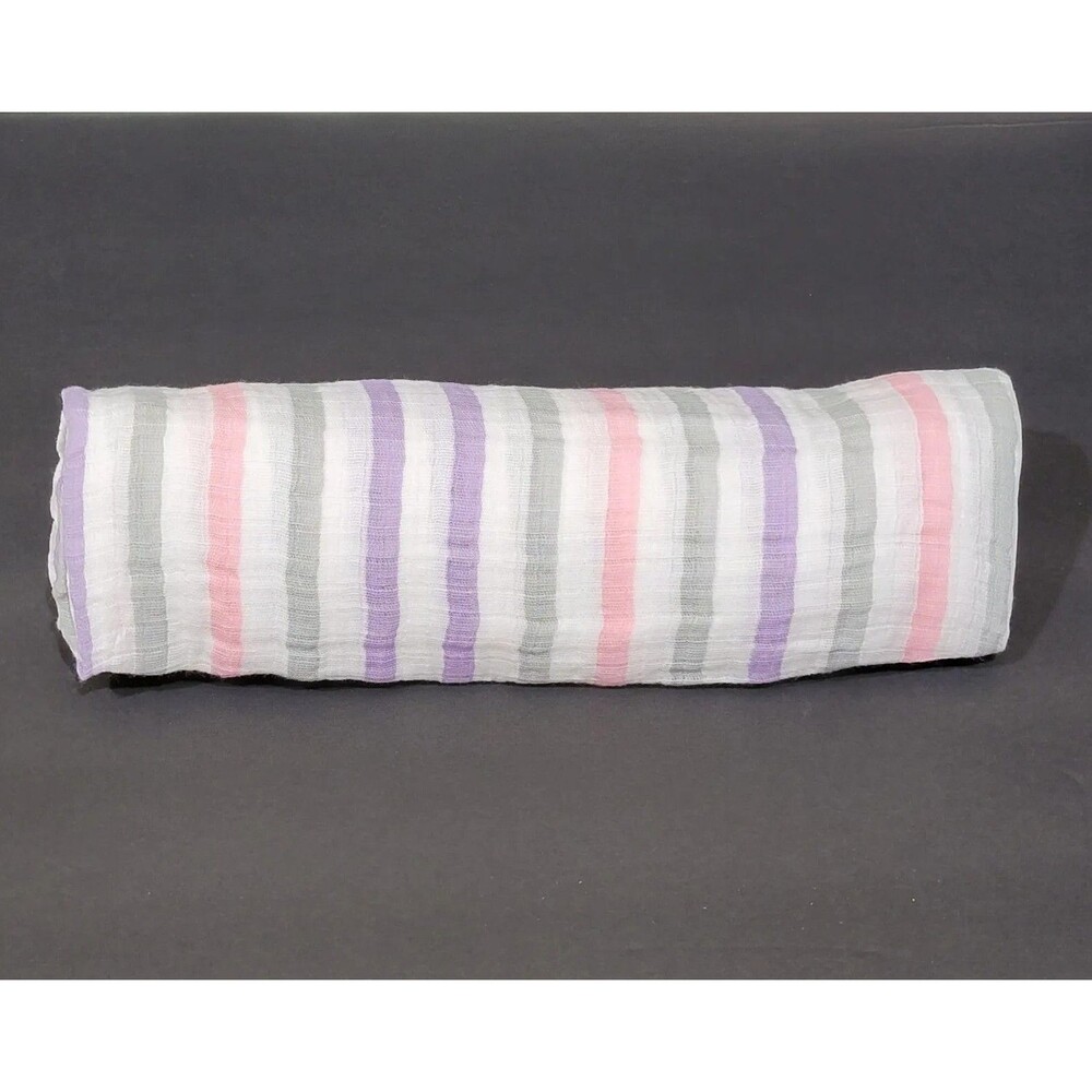 Aden & Anais Muslin Baby Blanket White Purple Gray and Pink Stripe Swaddle 2013